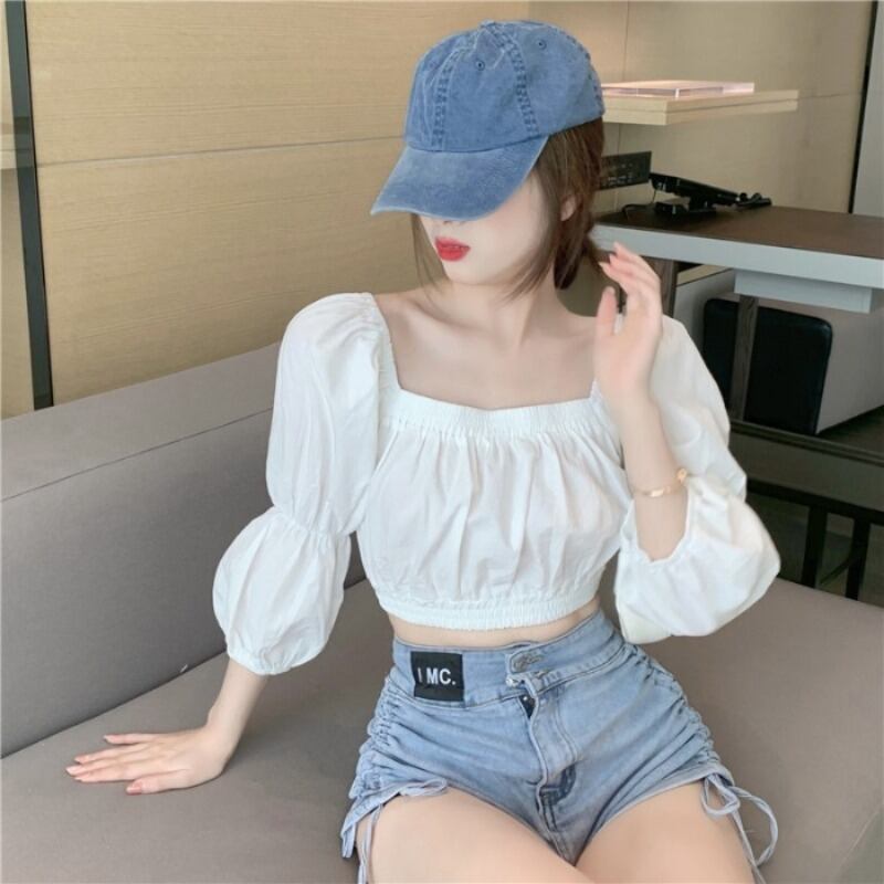 カラープリーツスリーブシャツ サマー薄手ショートクロップド ロング 夏物 スクウェア ブラックストロベリース20709839392