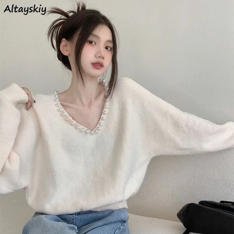 【新作】【送料無料】 V ネック秋プルオーバー女性白真珠優しい甘いオールマッチルーズ長袖シックな女性の基本的な冬のトップスニット Mujer 0333628393334