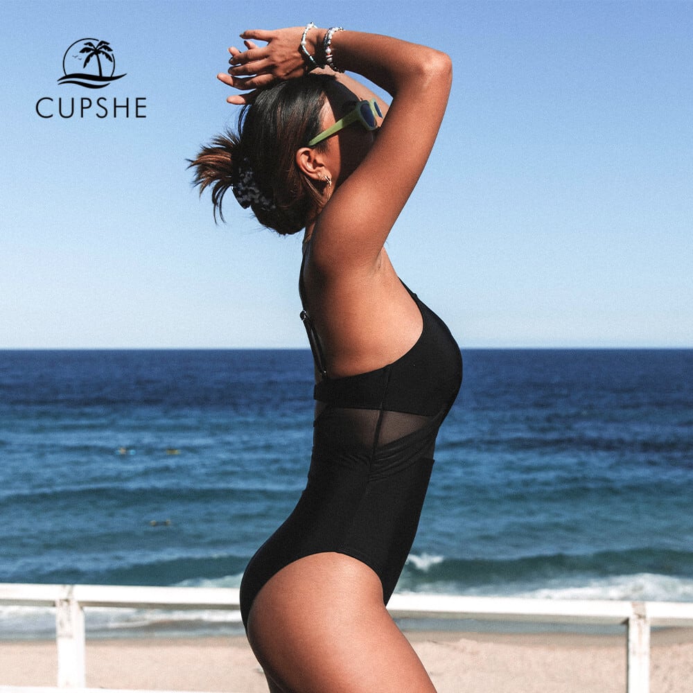 【魅力的なVネック】CUPSHE ブラックワンピース 水着 送料無料 CUPSHEメッシュVネックワンピース水着女性ソリッド