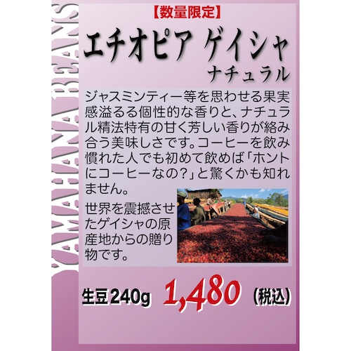 【数量限定】エチオピア ゲイシャ ナチュラル 生豆240gを焙煎