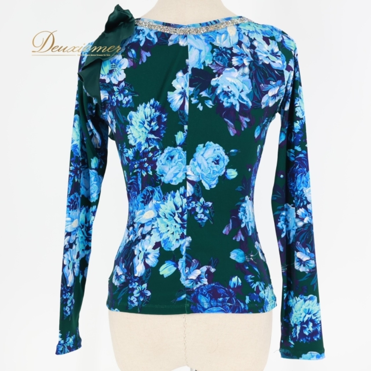 社交ダンス 衣装 トップス ブラウス グリーン系 チャコットロイヤルダンス Chacott ROYAL DANCE 花柄 緑 青 白 長袖 レッスン 練習 伸縮 ストレッチ 華やか 上品 ラインストーン かわいい 日本製 フリル ブルー系 ホワイト系