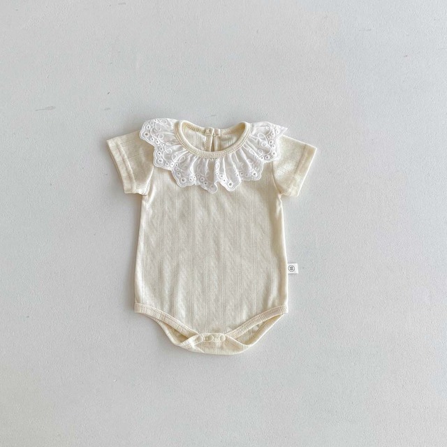 【BABY】フラワーレースフリル襟半袖リブロンパース - 20