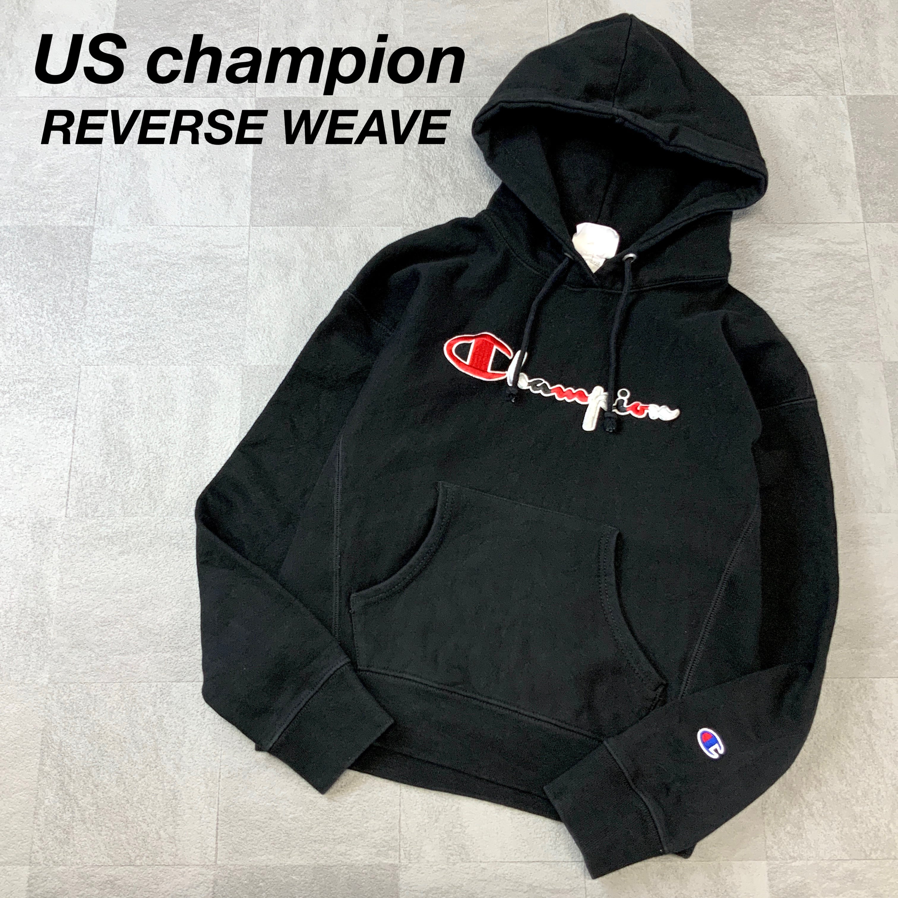 美品】USA 青単 champion reverse weave 刺繍パーカー-