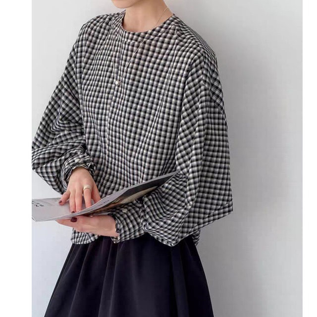 ギンガムチェック バルーンスリーブブラウス　0238
