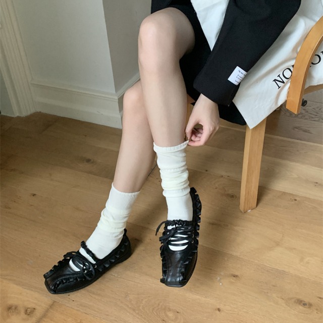 frill design ribbon square toe flat shoes J00046