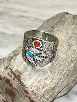 Robert Begay turquoise&coral swallow tufa cast silver ring