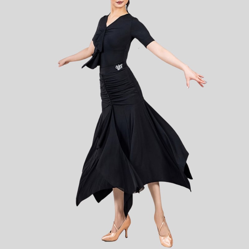 Vネック フリルトップス Vウエスト シャーリング フレアヘムスカート SET 1col D00502