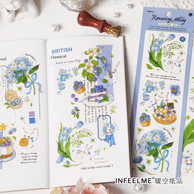 花と果物とうさぎのPETシール6枚セット　余生假日シリーズ【Infeel.Me】[IM-1s]