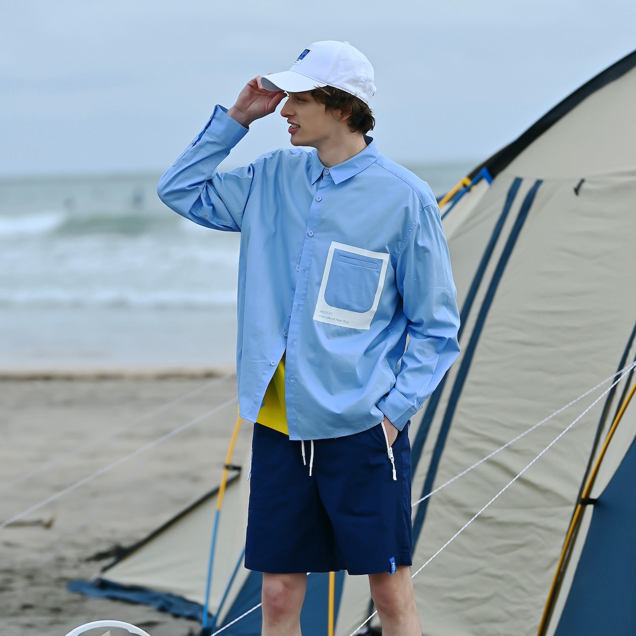 SALE【HIPANDA ハイパンダ】男女兼用 オーバーサイズ 長袖シャツ UNISEX  BIG SILHOUETTE LONG SLEEVED SHIRT / BLUE