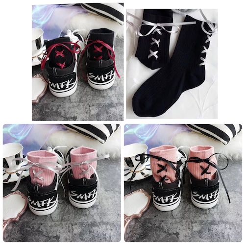 【ママ用】インポート♪オシャレ!後ろ編み上げソックス♡靴下 カジュアル ガーリー リボン