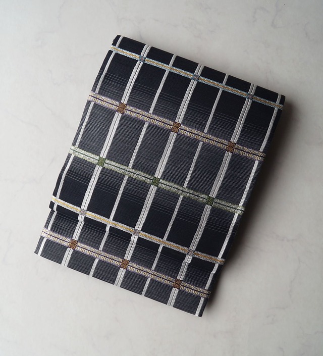 【なごや帯】羊羹色　変わり格子文　ふくろ帯