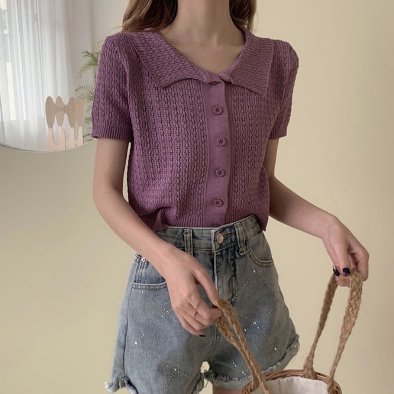 学生オールマッチニットカーディガン薄手のコート女性2020年夏新しいスリム中空紫半袖アッパードレス 1号婦人70032681094