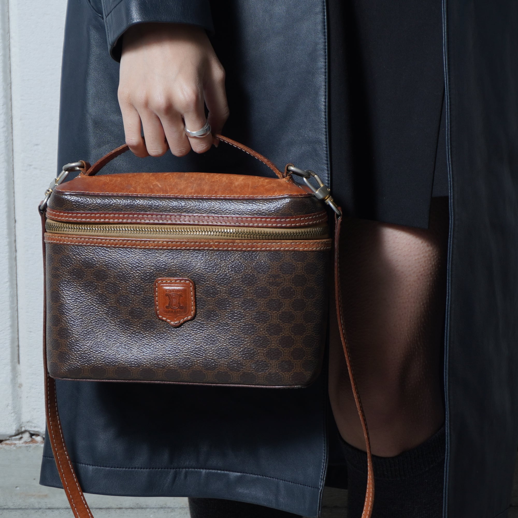 セリーヌ マカダム柄 トリオンフ ポーチ ブラウン レザー PVC CELINE
