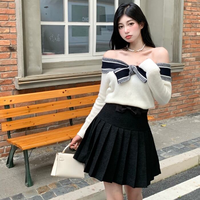 オータムネイビースタイルニットセーター プリーツスカート レディース 秋物 ドラファッションホール72085073701