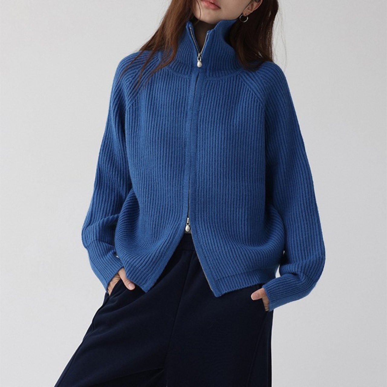 ダブルジッパーリブハイネックニットカーディガン H0050