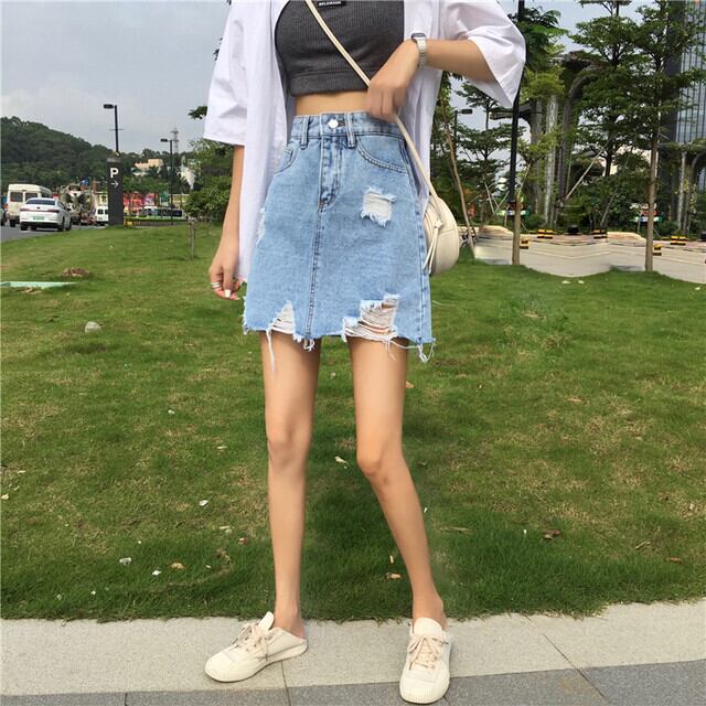 夏 新作 レディース デニムスカート ミニ丈 ダメージ加工 カジュアル Aライン ハイウエスト 韓国 可愛い プチプラ Am 1 87 Laturecute