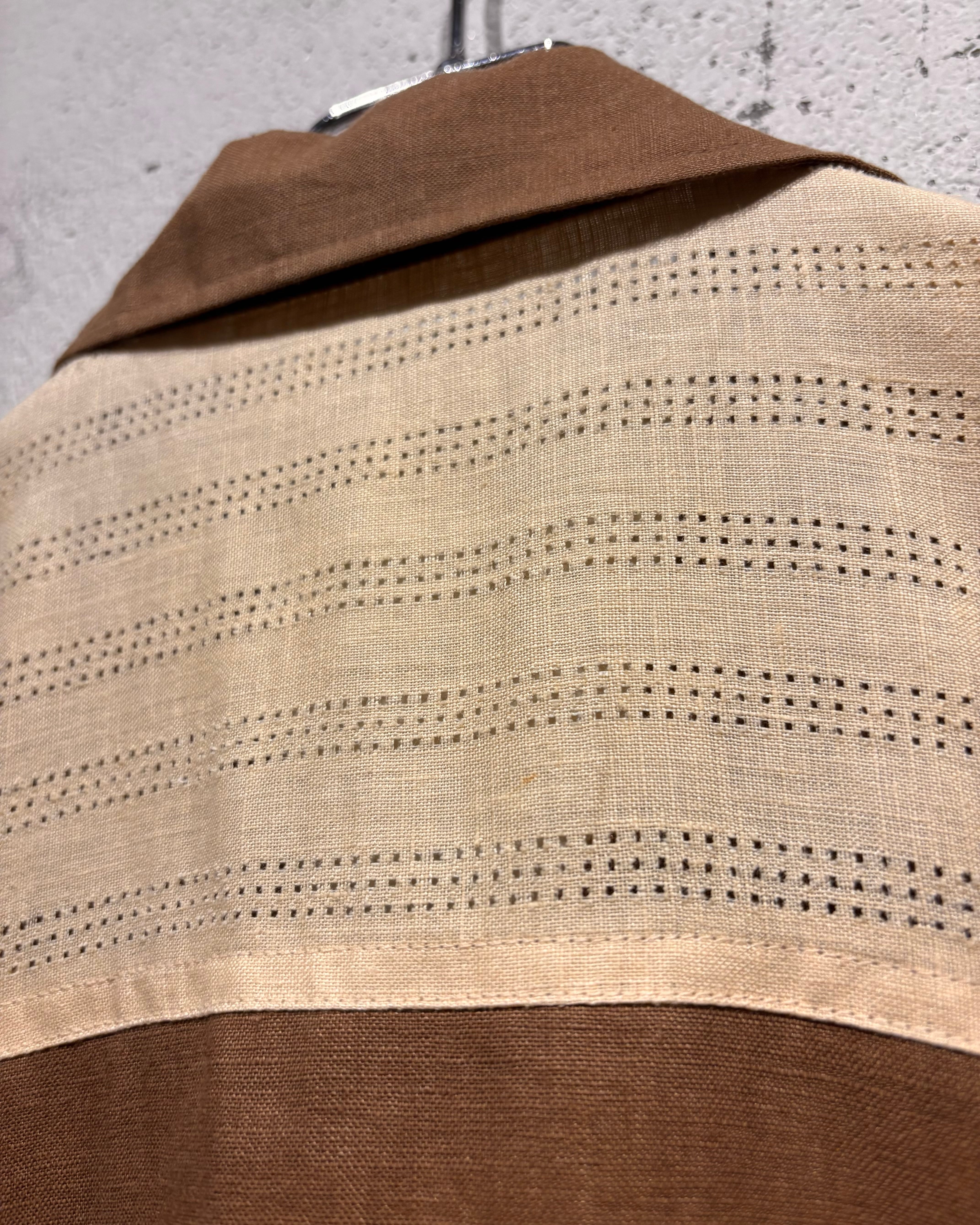 Caka otto】Color Switching Vintage Loose S/S Open Collar Linen