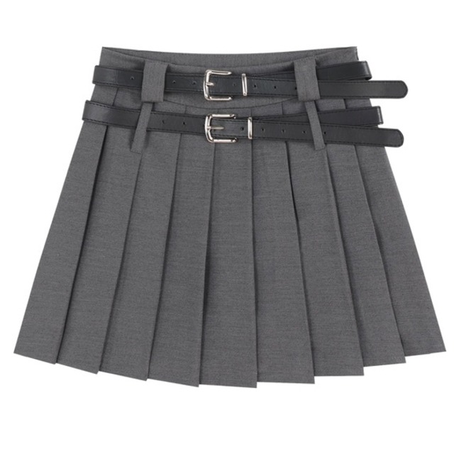 double belt pleats mini skirt