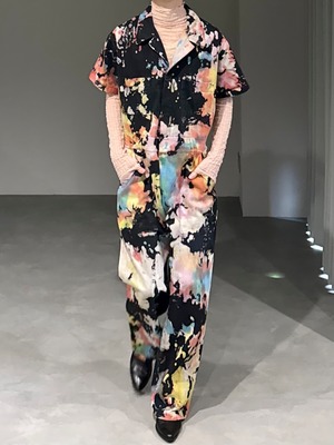 marble denim wide leg jumpsuit / black × multicolored
