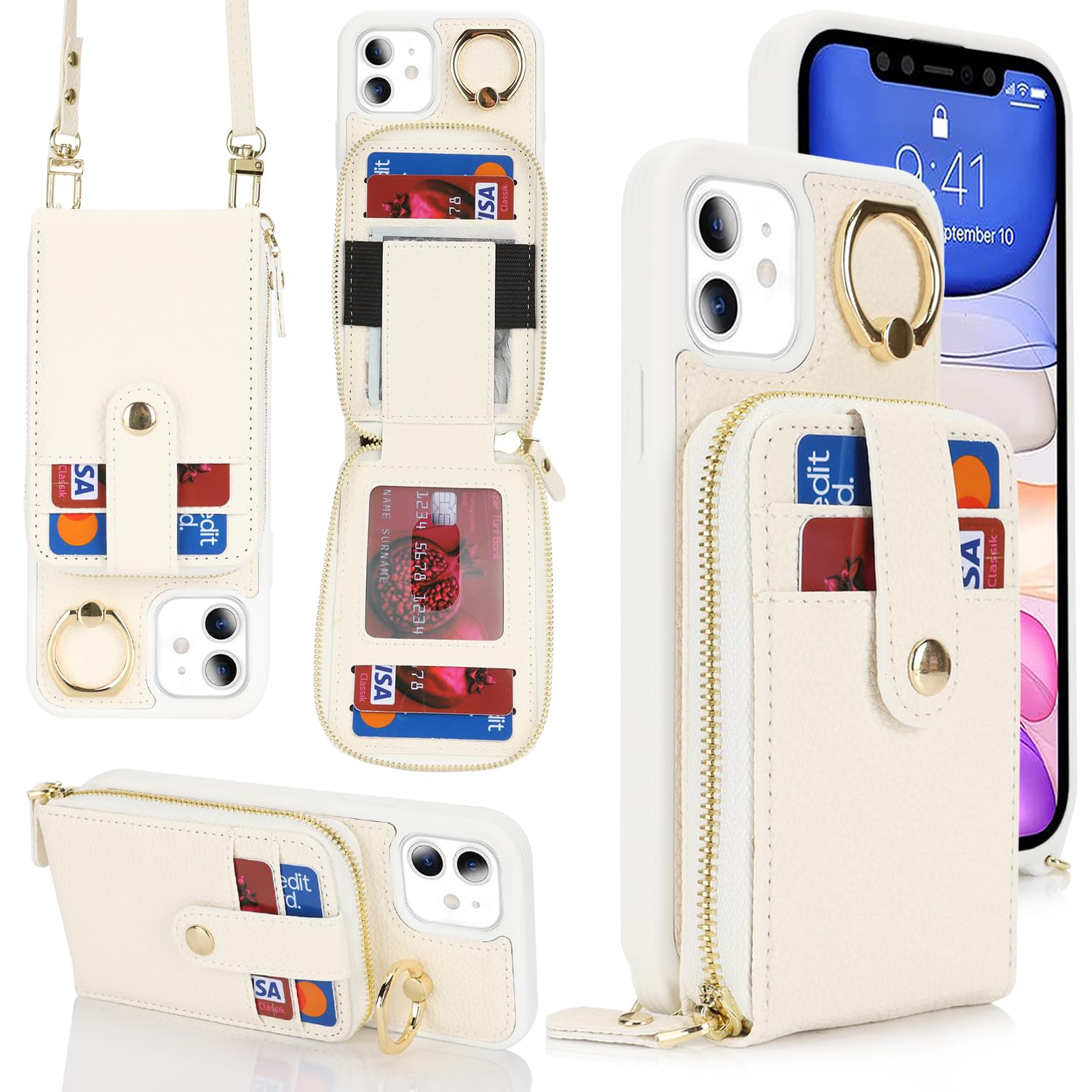 for iPhone 11 ケース 肩がけ 長さ調整 首掛け 斜め掛け ファスナー ストラップ付き カード入れ SunYoo ショルダー リング付き for iPhone11 手帳型 アイフォン スマホケース アイホン Case カバーホワイト