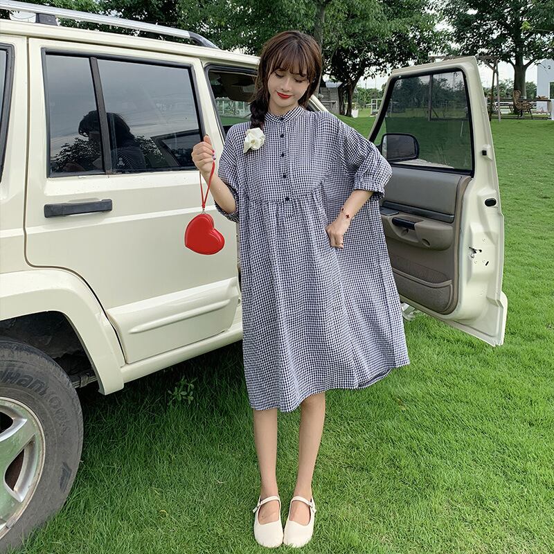 【新作】【送料無料】 マタニティウェア2020夏の新しい綿とリネンのチェック柄スタンドカラールーズドレス、トレンディなマザーミドル丈マタニティドレス-アリババ コットン サマー 夏物 expec253702510127