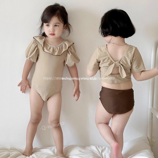 【90㎝-130㎝】フリル　ナチュラル　韓国風子供服 キッズ水着 女の子 ベビー 子供用  子供水着　