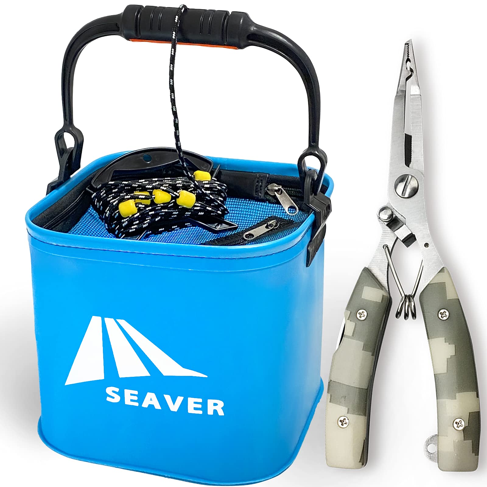 SEAVER(シーバー) 釣り 水汲み バケツ バッカン 22cm 【選べるセット/カラー】プライヤー フィッシュグリップ (ブルー プライヤーセット)