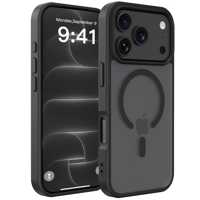 PINLISHENG iPhone 17 pro/18 pro ケースMagSafe対応 半透明 米軍MIL規格スマホケース(ブラック)