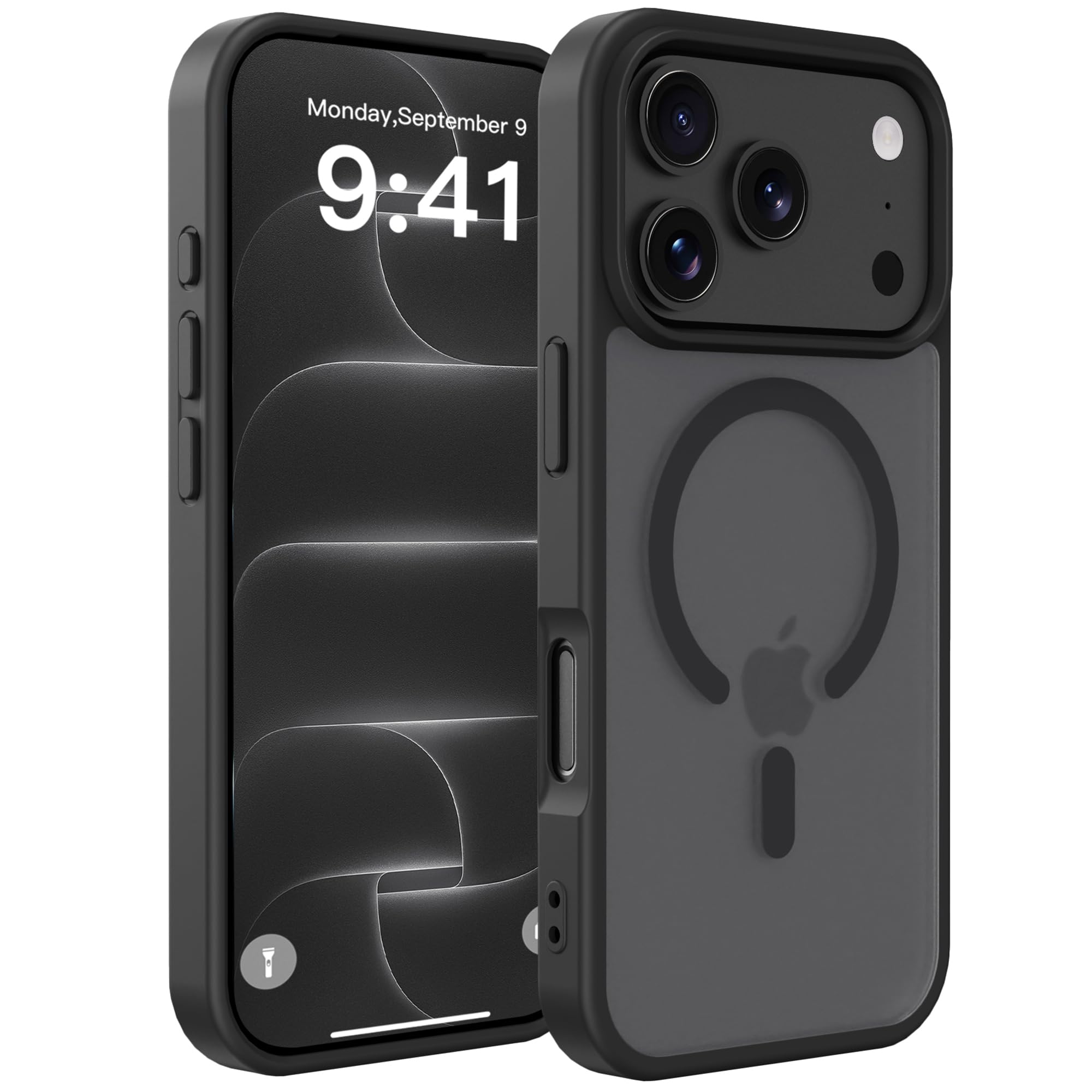 PINLISHENG iPhone 17 pro/18 pro ケースMagSafe対応 半透明 米軍MIL規格スマホケース(ブラック)