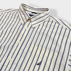 【NAUTICA】ストライプシャツ 長袖シャツ 刺繍ロゴ ワンポイント コットン ボタンダウン カジュアルシャツ ライトイエロー XL ビッグシルエット ノーティカ US古着