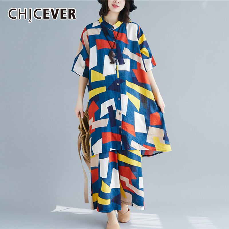 CHICEVERジオメトリックプリントヒットカラースーツレディーススタンドカラーハーフスリーブシャツワイドレッグパンツサマーツーピースセット2020 半袖 夏物 ワイドパンツ 6base519768212087
