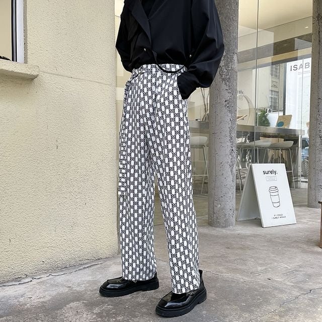【予約販売】パンツ メンズ ワイドパンツ モノグラム柄 スラックス シック モード ブラック ホワイト 結婚式 こなれ感 お洒落 韓国 トレンド 春 夏 秋 M/L/XL/2XL/3XL