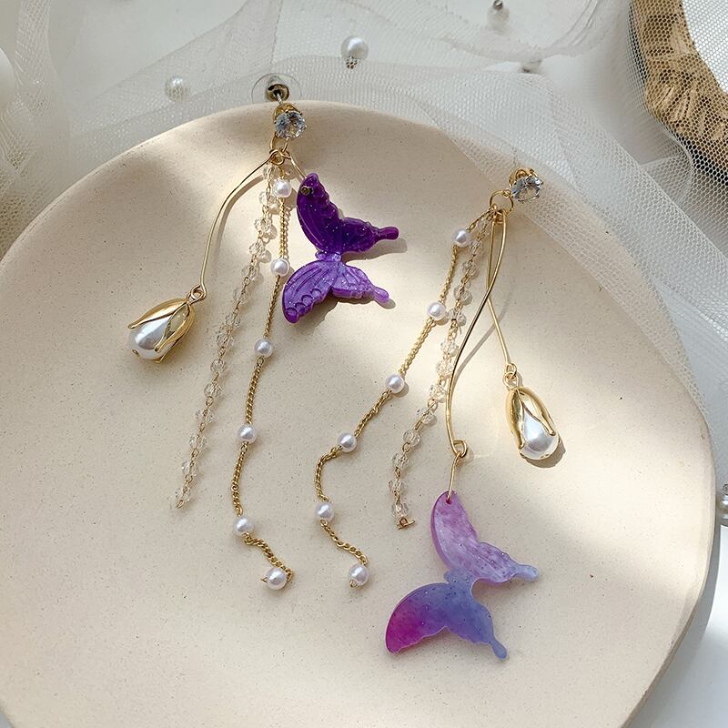 スタンダードButterflyデザイン イヤリング ロングFlowerデザイン クリスタル レトロ 指輪 フラワーデザイン パープル ブラック・アイド・ピーズ47918388106