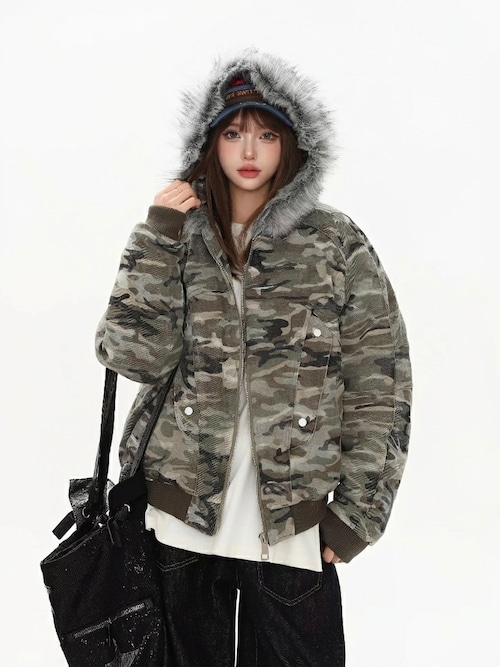 ファーフード付きカモフラショートジャケット.1926