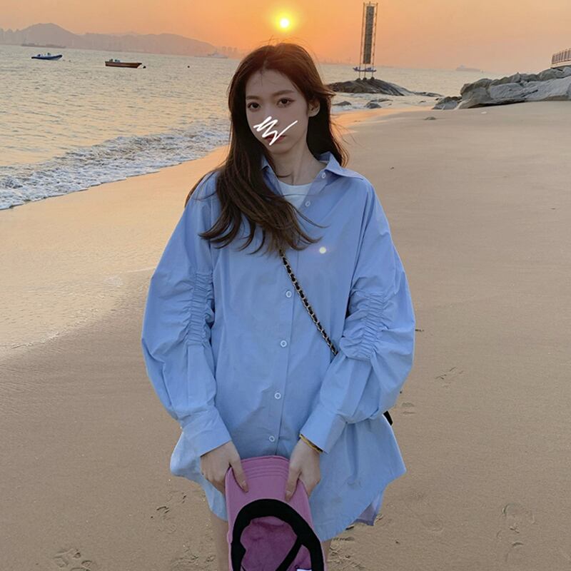 ブルーシャツ ジャケット スプリングオータムスタンダードスタイル ロング レトロ 春物 秋物 試着室20773181718