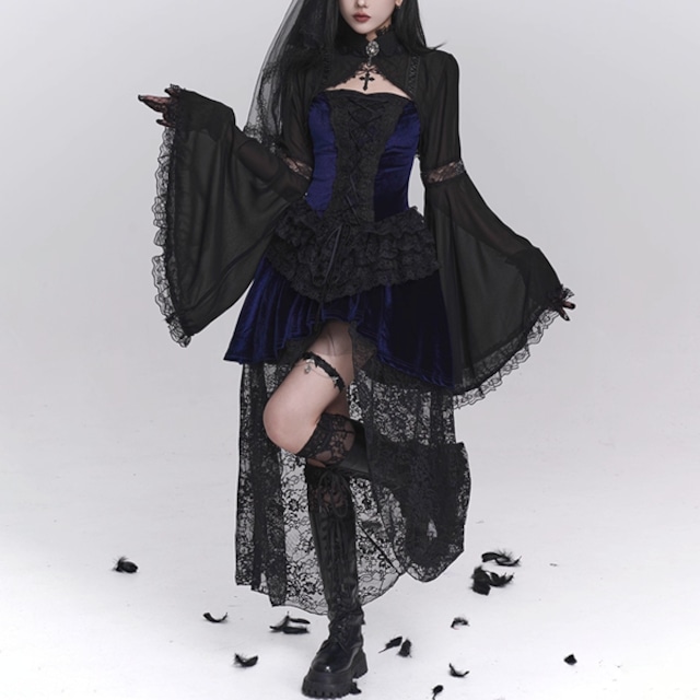 ブラックフリルゴシックブルーキャミソールワンピース(lli_6308)