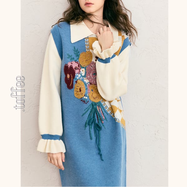 フラワー立体刺繍マルチカラーニットワンピース 《Z00662》 | .toffee