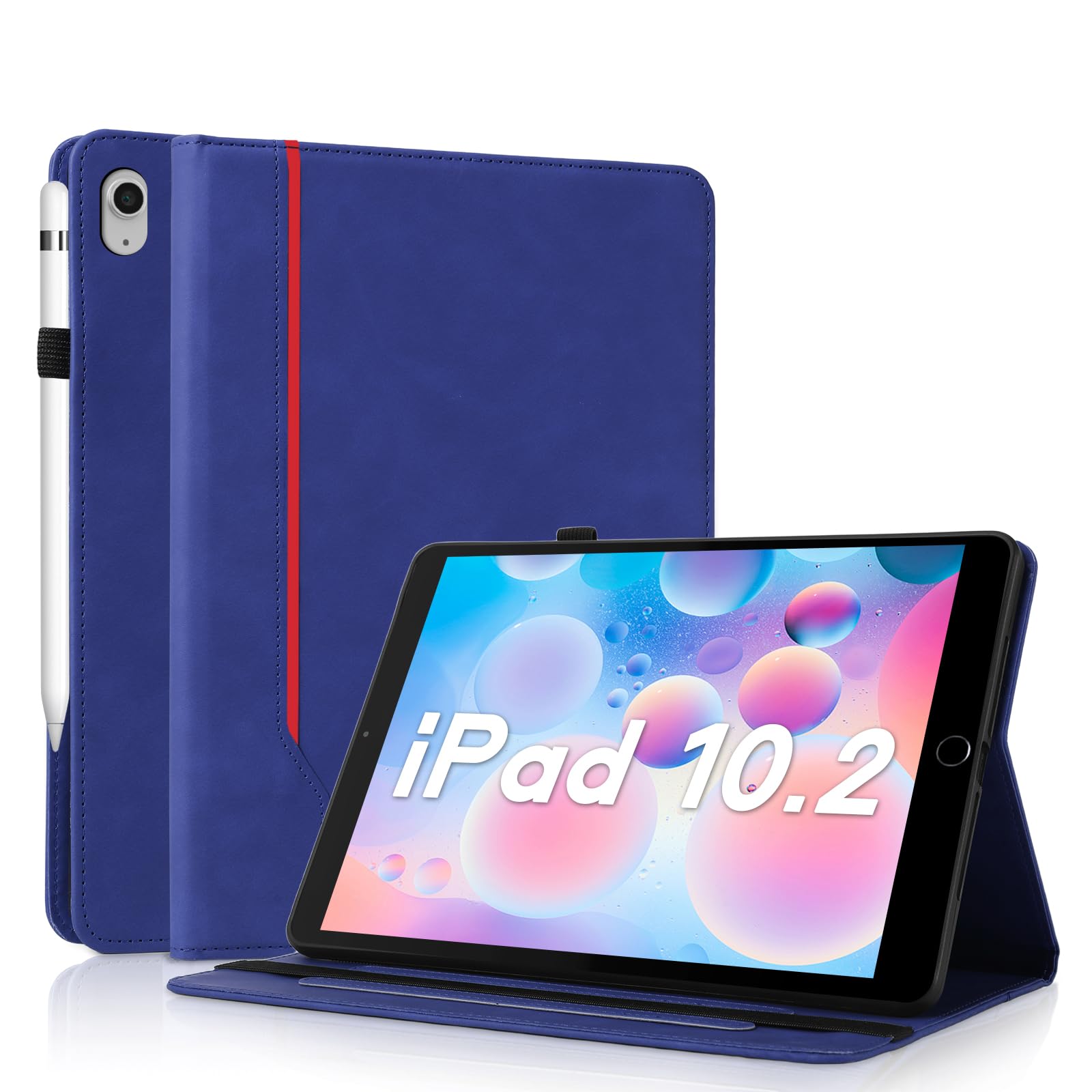 【CASAFUNY】iPad 9/8/7 ケース (10.2インチ、2021/2020/2019モデル、第9/8/7世代) 耐衝撃 傷つけ防止 PUレザー カバー Apple Pencil 収納可能 オートスリープ/ウェイク機能対応 おしゃれ 軽量 シンプル ビジネス風 カードポケット スタンドケース(ブルー)