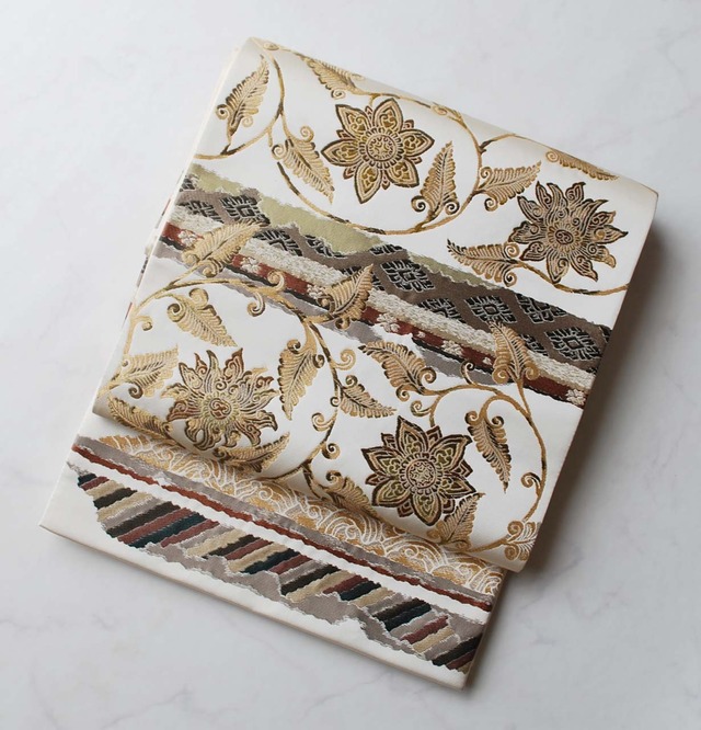 【ふくろ帯】生成り色×金茶系　宝相華紋　ふくろ帯