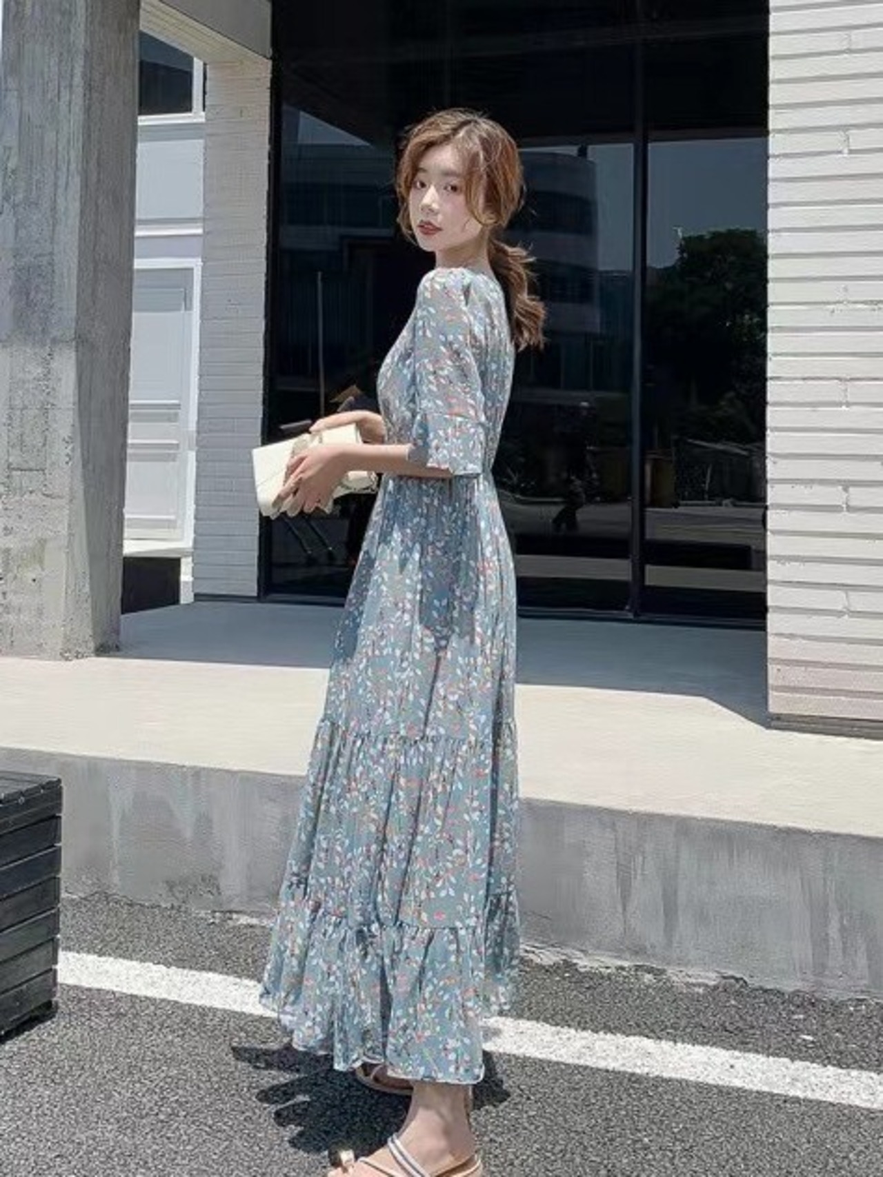 シフォンプリントマキシワンピース D1341