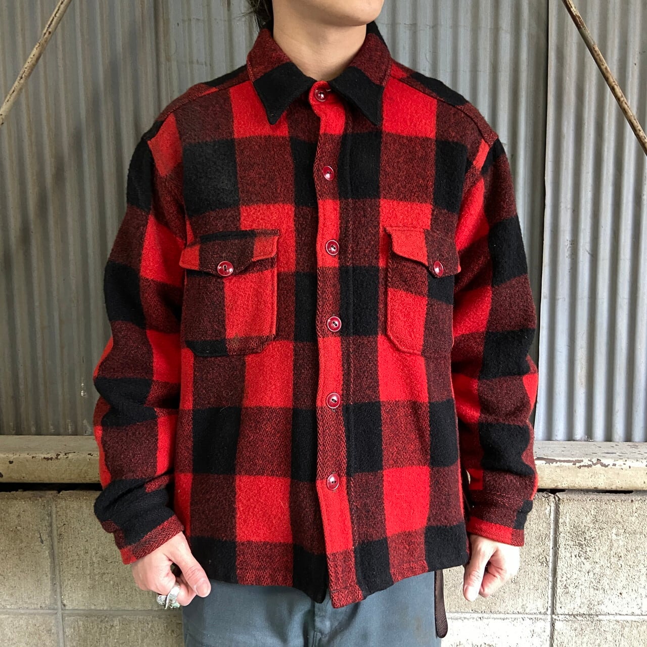 60年代 バッファローチェック CPOシャツ ウールシャツ メンズL相当