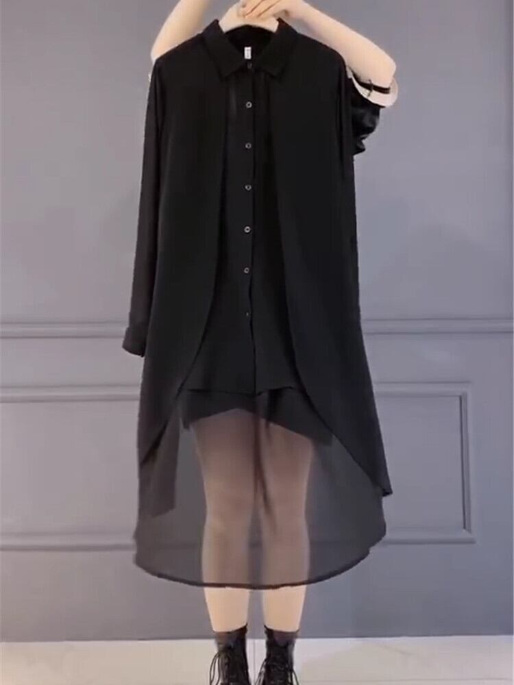 シフォンドレス スプリングウェストシャツ スカート ロング 大きめサイズ 春物 ミックスインファッション68997387966