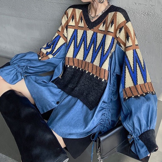 Patchwork Denim Knitting Sweater / パッチワーク デニム ニット セーター