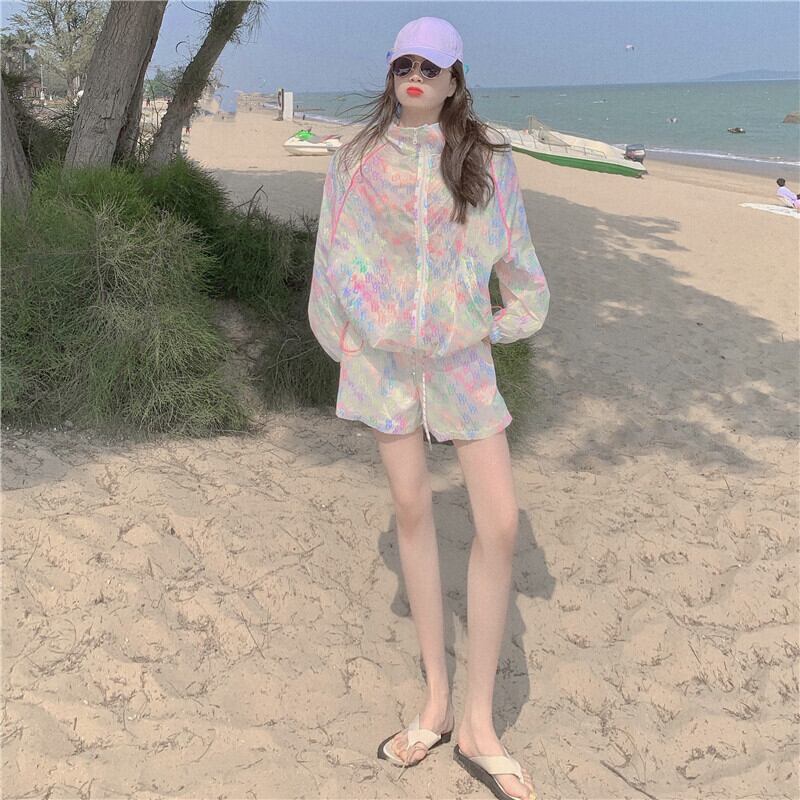 プリント長袖スリーブトップス ストレッチウェストショーツ セット ロング エラスティック 伸縮 ブルマー ドラファッションホール9047210199