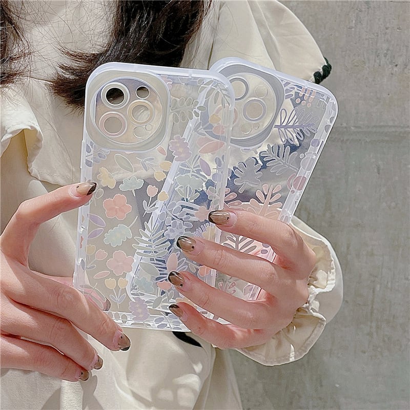 【再販】かわいすぎる♡淡色クリアケース 花柄 カメラレンズ保護 フラワー リーフ 透明 iphone スマホケース 2type ND-14627