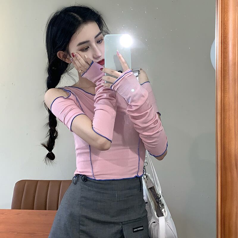 ピンクの長袖ストラップレスVネックTシャツレディース秋セクシータイトフィットインナーベースシャツショートスリムトップインタイド ブラックストロベリース584047697