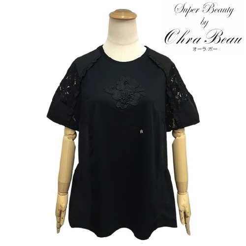 スーパービューティー カットソー 花モチーフ 袖レース 切替チュニックTシャツ 2512022 ブラック 2025年春夏 オーラボー 大人かわいい服 大人スタイル キレイメ Super Beauty レディース アパレル 女性 M L LL 30代 40代 50代 60代