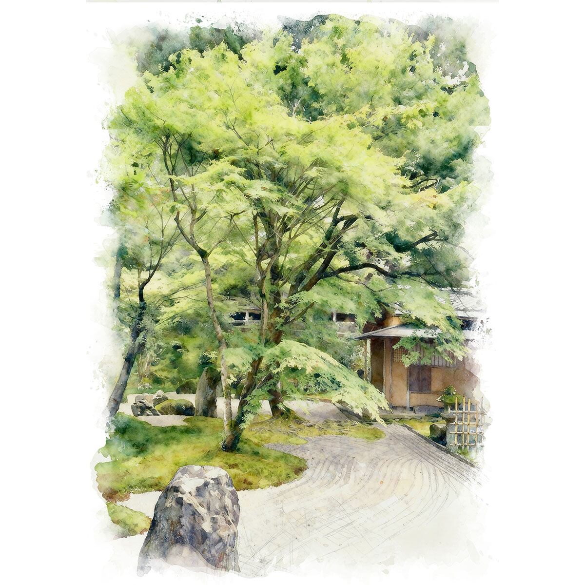 絵画 日本 福岡県 光明禅寺の庭園 風景画 インテリアアート額付き