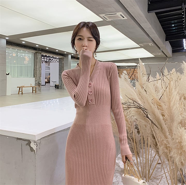 秋冬 新 バーサ Vネック ロングスリーブ ハイウエスト スリム 気質 ニットドレス エレガンス レジャー