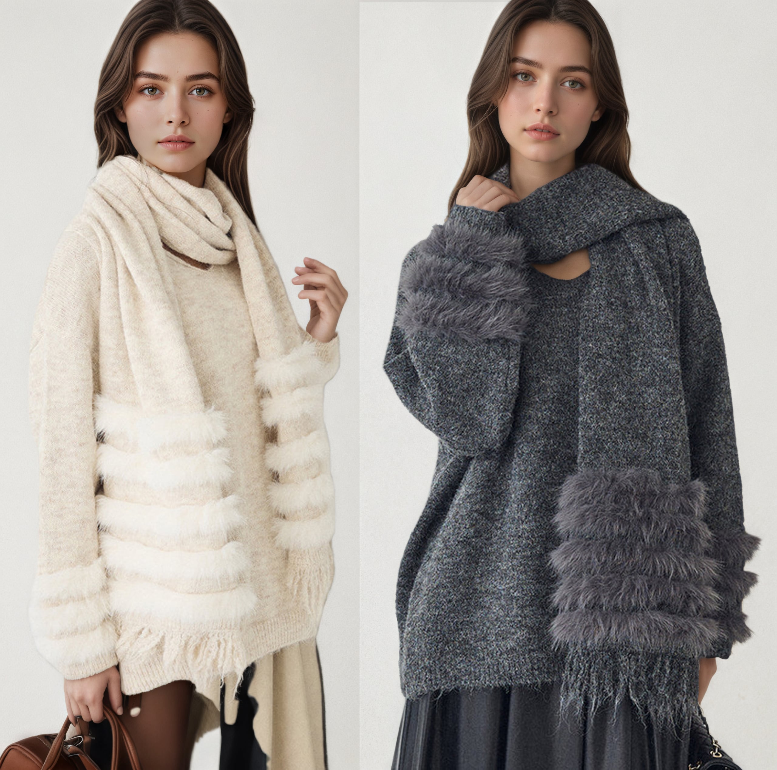 【tops】マフラー付き袖ファーニットトップス     N3473